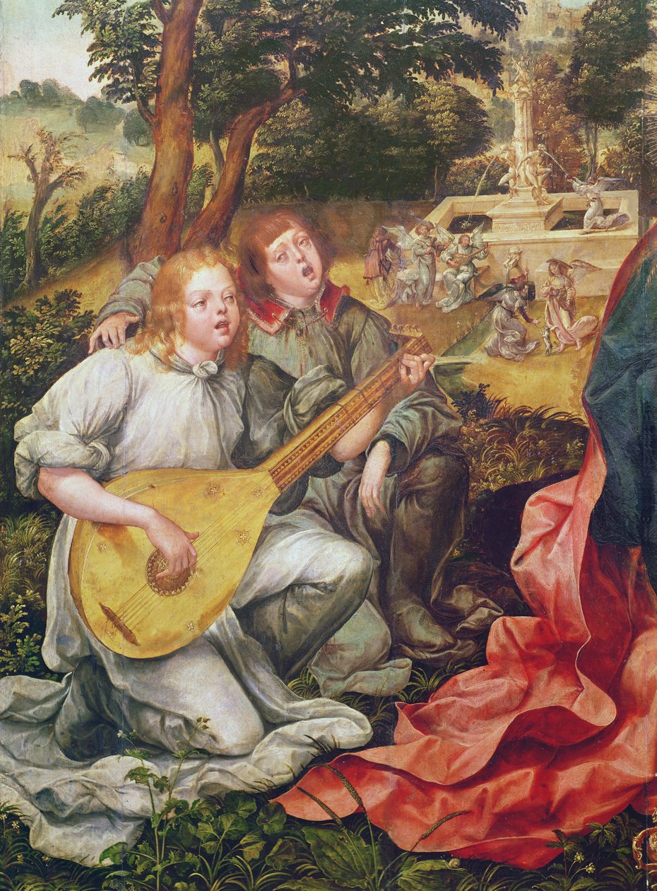 Jungfrau und Kind mit Engeln, Detail der Engelmusiker, 1536-38 von Gregorio Lopez