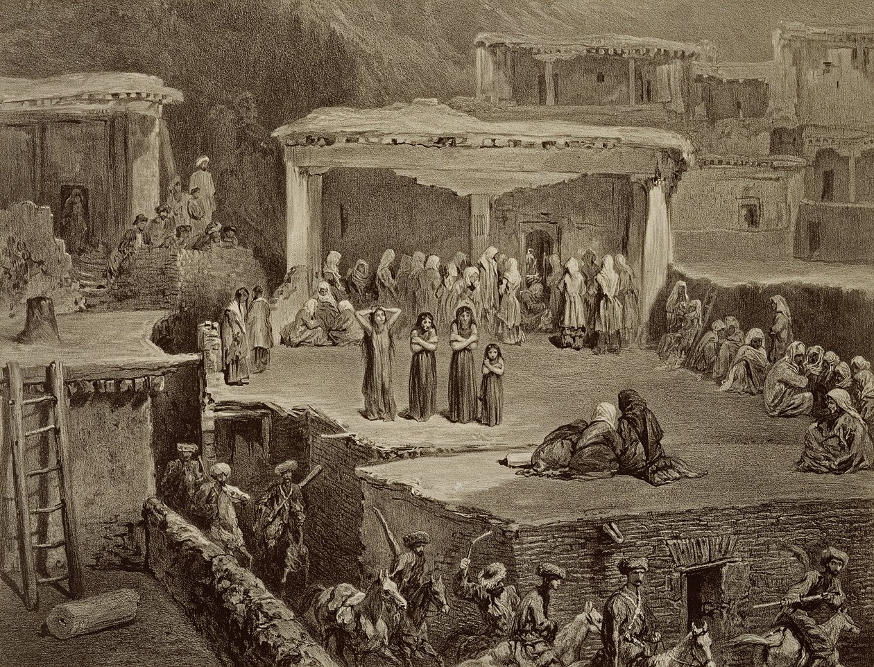 Beerdigungszeremonie in den Ruinen von Akhaltchi, Dagestan, Tafel 70 aus einem Buch über den Kaukasus, graviert von Eugene Le Roux, veröffentlicht von Alfred Leon Lemercier, Paris von Grigori Grigorevich Gagarin