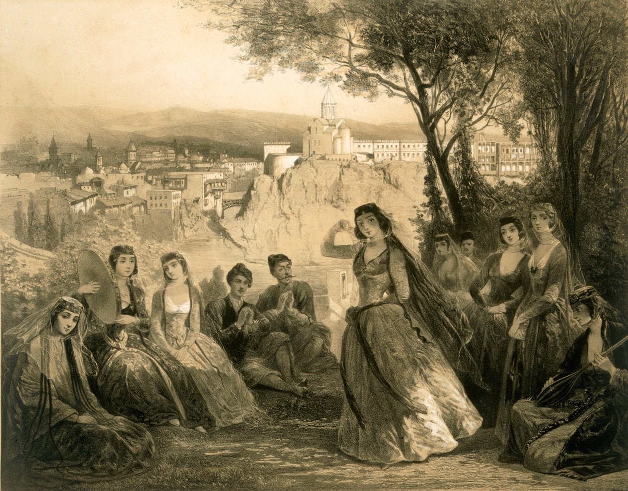 Garten bei Tiflis, Georgien, Tafel 27 aus einem Buch über den Kaukasus, veröffentlicht von Alfred Leon Lemercier, Paris, 1847 von Grigori Grigorevich Gagarin