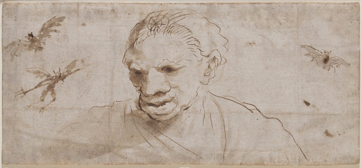 Eine Hexe, zwei Fledermäuse und ein Dämon im Flug, frühes 17. Jahrhundert von Giovanni Francesco Barbieri