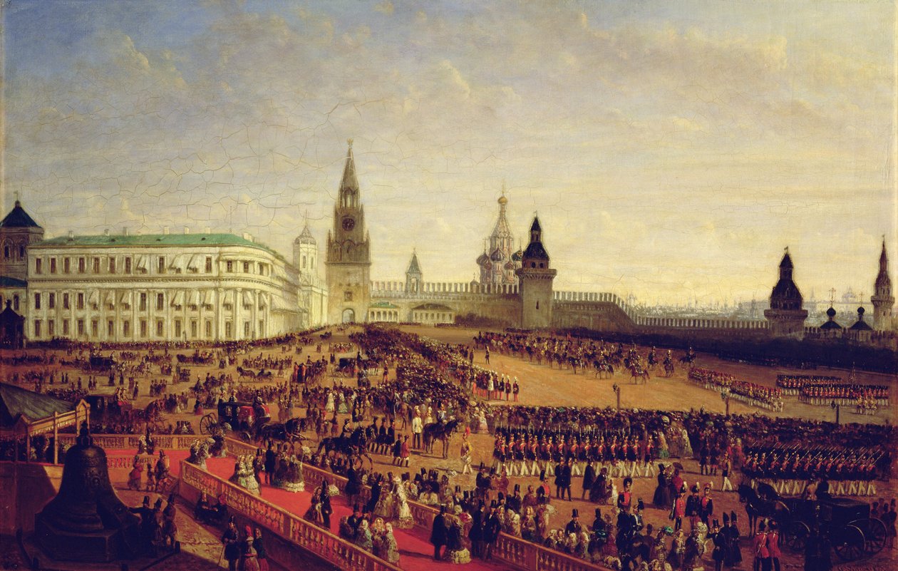 Militärparade während der Krönung von Alexander II. im Moskauer Kreml am 18. Februar 1855, 1856 von Gustav Schwarz