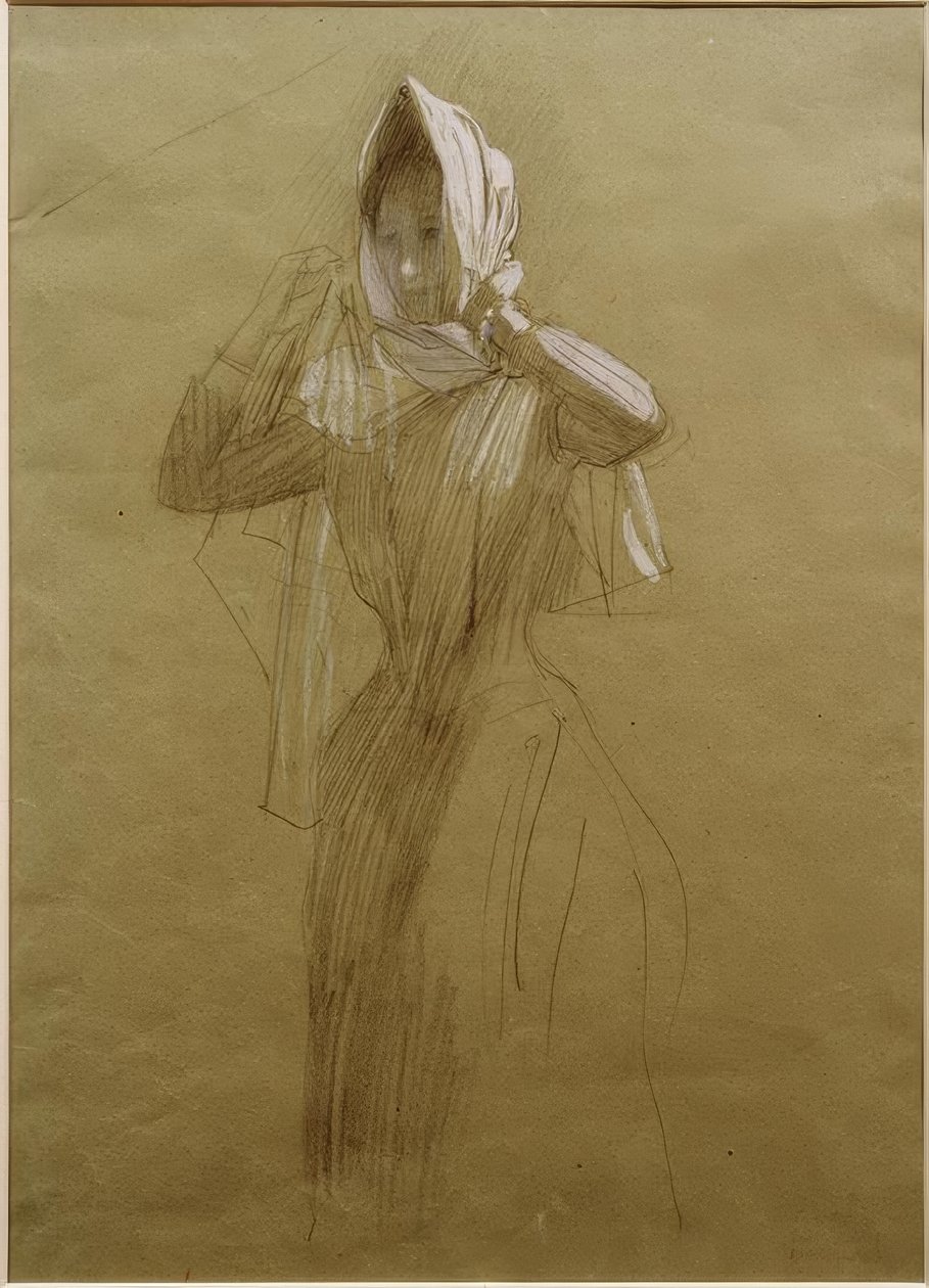 Stehende junge Frau, ein Kopftuch umlegend von Gustav Klimt