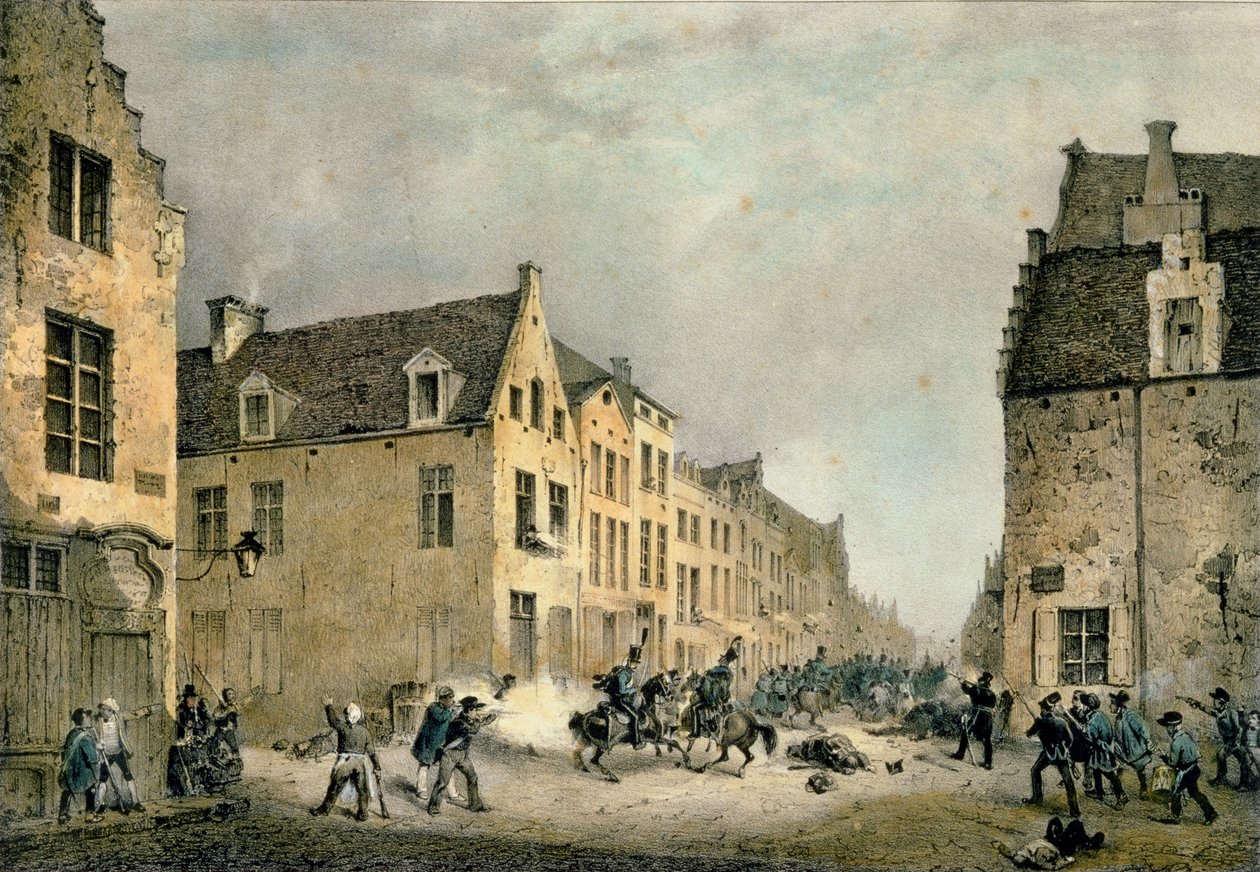 Ablenkung einer niederländischen Division an der Porte de Flandre, Brüssel, 23. September 1830, graviert von Jean Baptiste Madou (1796-1877) von Gustave Adolphe Simoneau