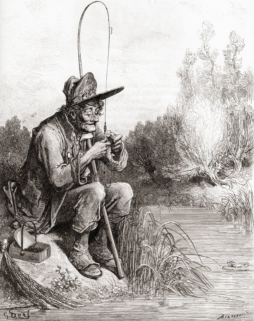 Der Fischer und der kleine Fisch, aus einer späten 19. Jahrhundert Ausgabe von Fables de La Fontaine von Gustave Dore
