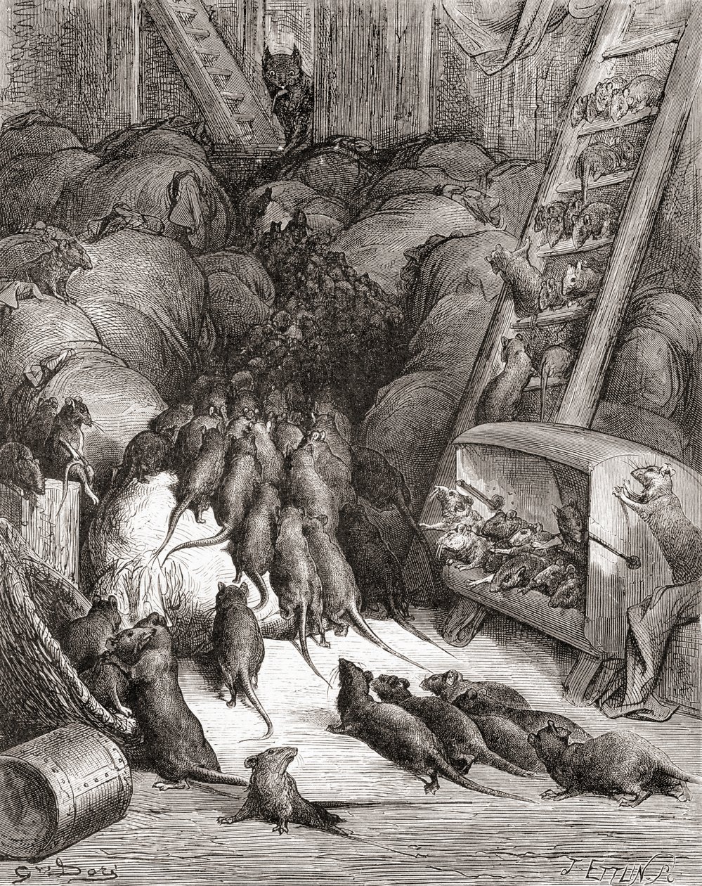 Die Liga der Ratten, aus einer späten 19. Jahrhundert Ausgabe von Fables de La Fontaine von Gustave Dore