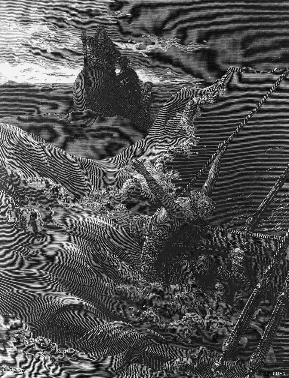 Der Seemann, als sein Schiff sinkt, sieht das Boot mit dem Einsiedler und Piloten, Szene aus 