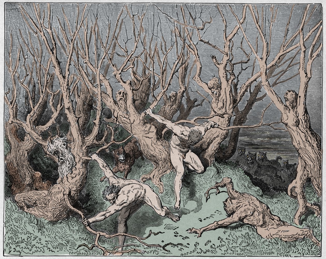 Inferno, Gesang 13: Die Selbstmörder fliehen aus dem Wald (Illustration aus Die Göttliche Komödie von Dante Alighieri, 1885) von Gustave after Dore