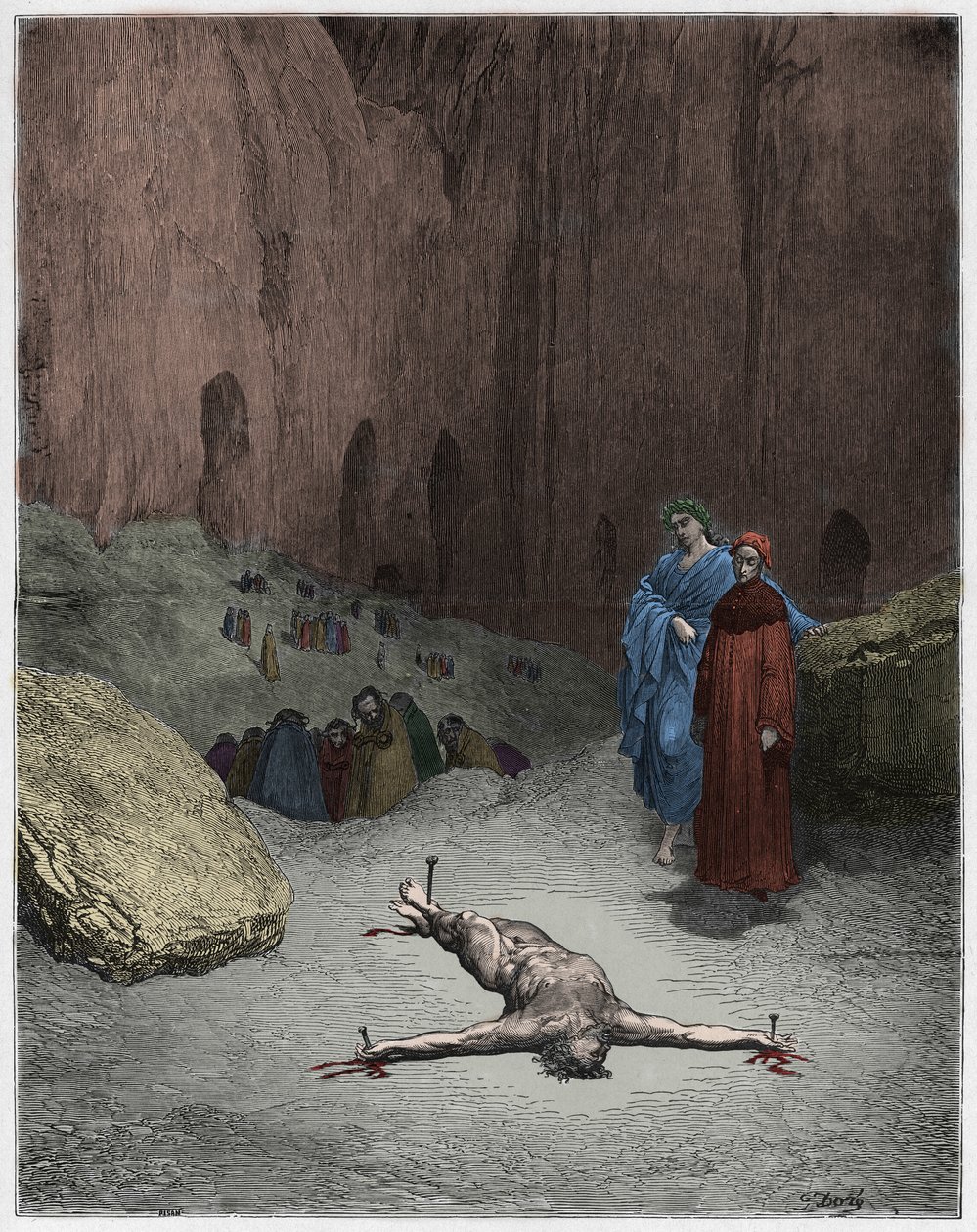 Inferno, Gesang 23: Ein gekreuzigter Pharisäer unter den Heuchlern (Illustration aus Die Göttliche Komödie von Dante Alighieri, 1885) von Gustave after Dore