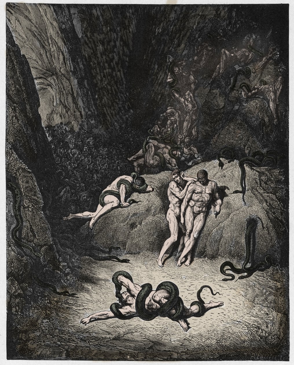 Inferno, Gesang 25: Agnello verwandelt sich in eine Schlange (Illustration aus Die Göttliche Komödie von Dante Alighieri, 1885) von Gustave after Dore