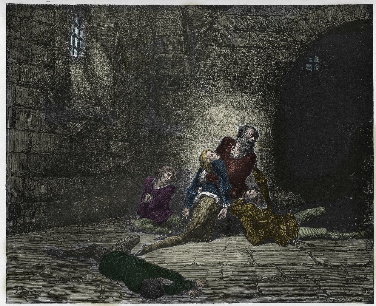 Inferno, Gesang 33: Gaddo stirbt vor den Augen seines Vaters (Illustration aus Die Göttliche Komödie von Dante Alighieri, 1885) von Gustave after Dore