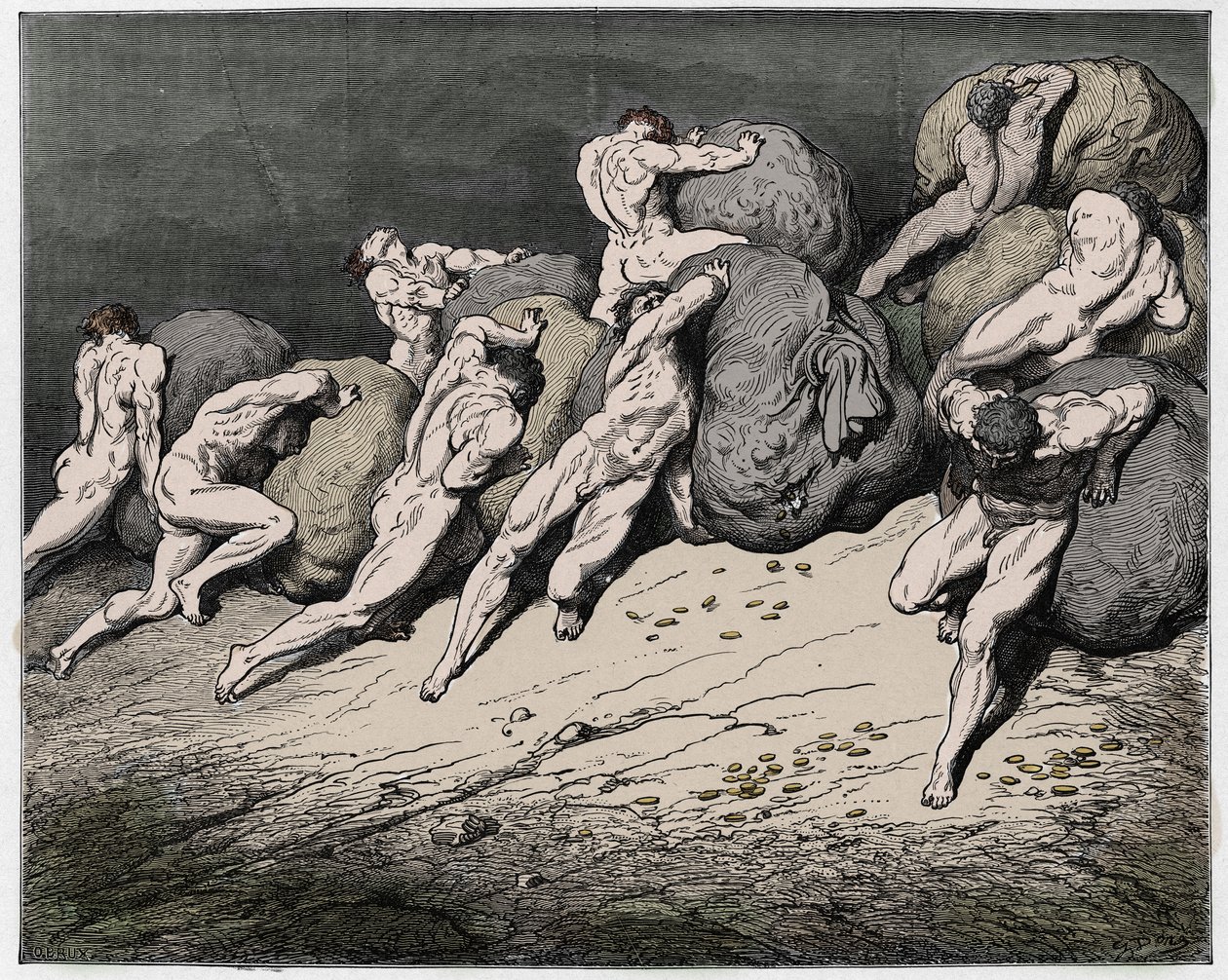 Inferno, Gesang 7: Die Seelen der Geizigen und Verschwender müssen schwere Steine rollen (Illustration aus Die Göttliche Komödie von Dante Alighieri, 1885) von Gustave after Dore