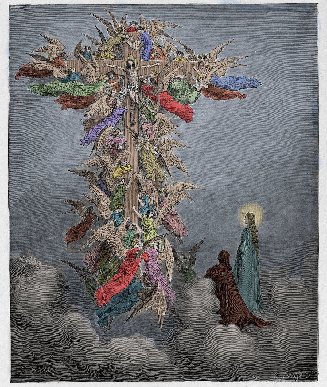 Paradiso, Gesang 14: Dante und Beatrice sehen die Engel mit Christus am Kreuz, Illustration aus Die Göttliche Komödie von Dante Alighieri, 1885 (digital kolorierte Gravur) von Gustave after Dore
