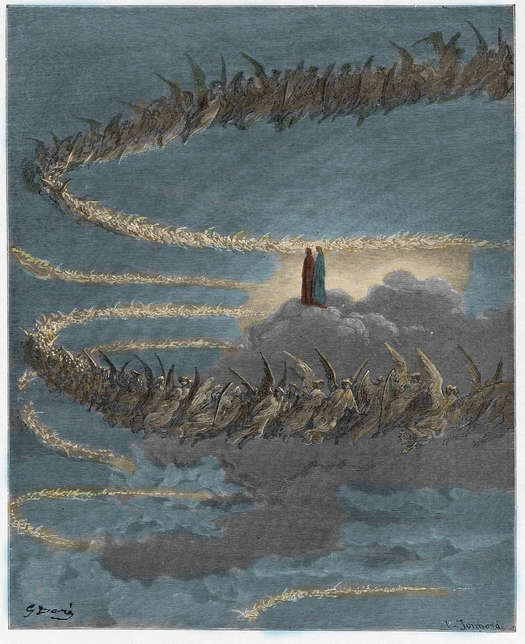 Paradiso, Gesang 18: In der Sphäre des Jupiter bilden die seligen Seelen Buchstaben, Illustration aus Die Göttliche Komödie von Dante Alighieri, 1885 (digital kolorierte Gravur) von Gustave after Dore
