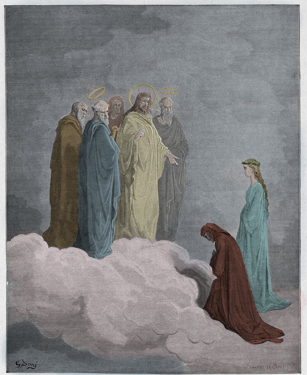 Paradiso, Gesang 26: St. Johannes prüft Dante über die Liebe, Illustration aus Die Göttliche Komödie von Dante Alighieri, 1885 (digital kolorierte Gravur) von Gustave after Dore