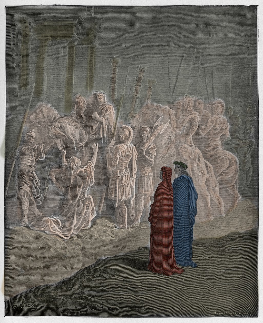 Purgatorio, Gesang 10: Die Marmorskulpturen, die Stolz darstellen, Illustration aus Die Göttliche Komödie von Dante Alighieri, 1885 (digital kolorierte Gravur) von Gustave after Dore