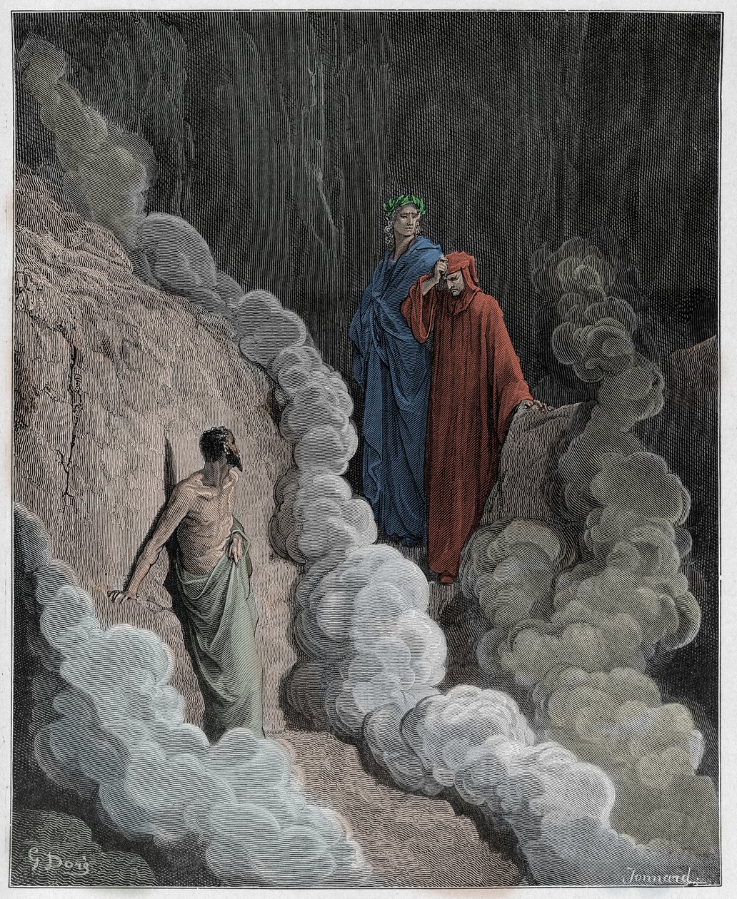 Purgatorio, Gesang 16: Dante spricht mit der Seele von Marco Lombardo, Illustration aus Die Göttliche Komödie von Dante Alighieri, 1885 (digital kolorierte Gravur) von Gustave after Dore