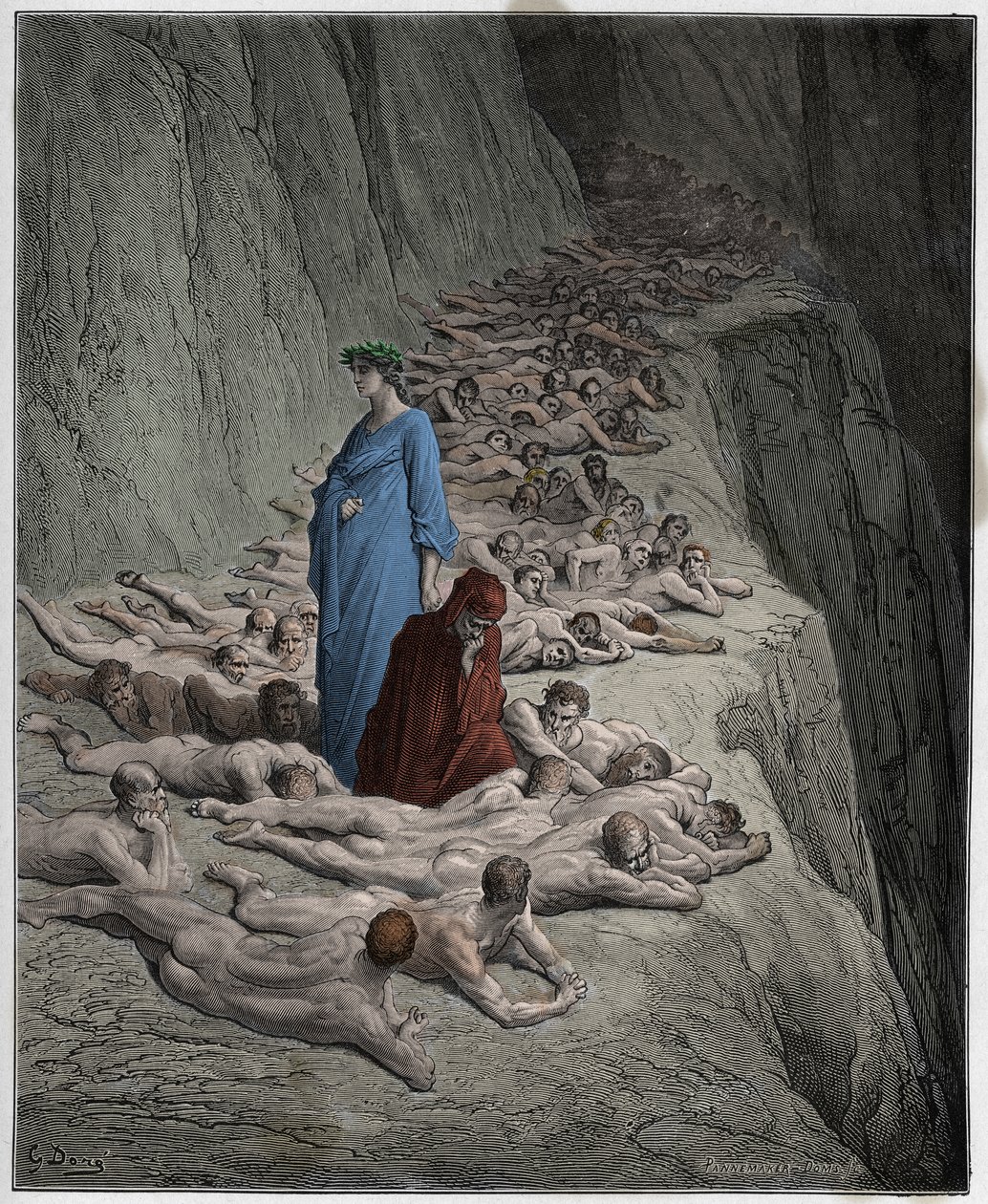 Purgatorio, Gesang 19: Die Seelen der Habgierigen: Adrian V. (Papst Adrian V.) spricht zu Dante, Illustration aus Die Göttliche Komödie von Dante Alighieri, 1885 (digital kolorierte Gravur) von Gustave after Dore
