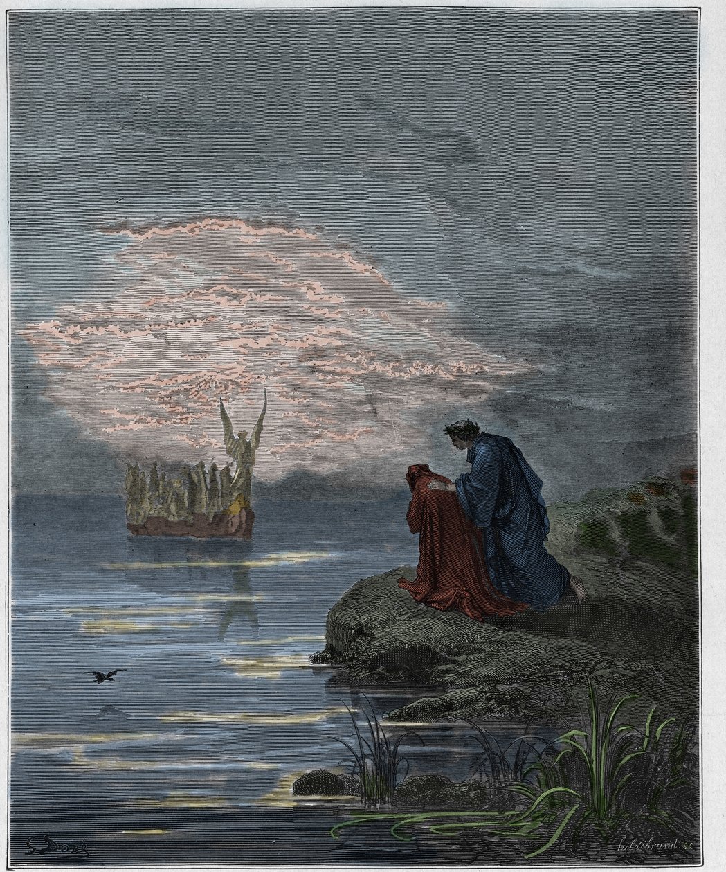 Purgatorio, Gesang 2: Dante verneigt sich vor dem Engelspiloten (Illustration aus Die Göttliche Komödie von Dante Alighieri, 1885) von Gustave after Dore
