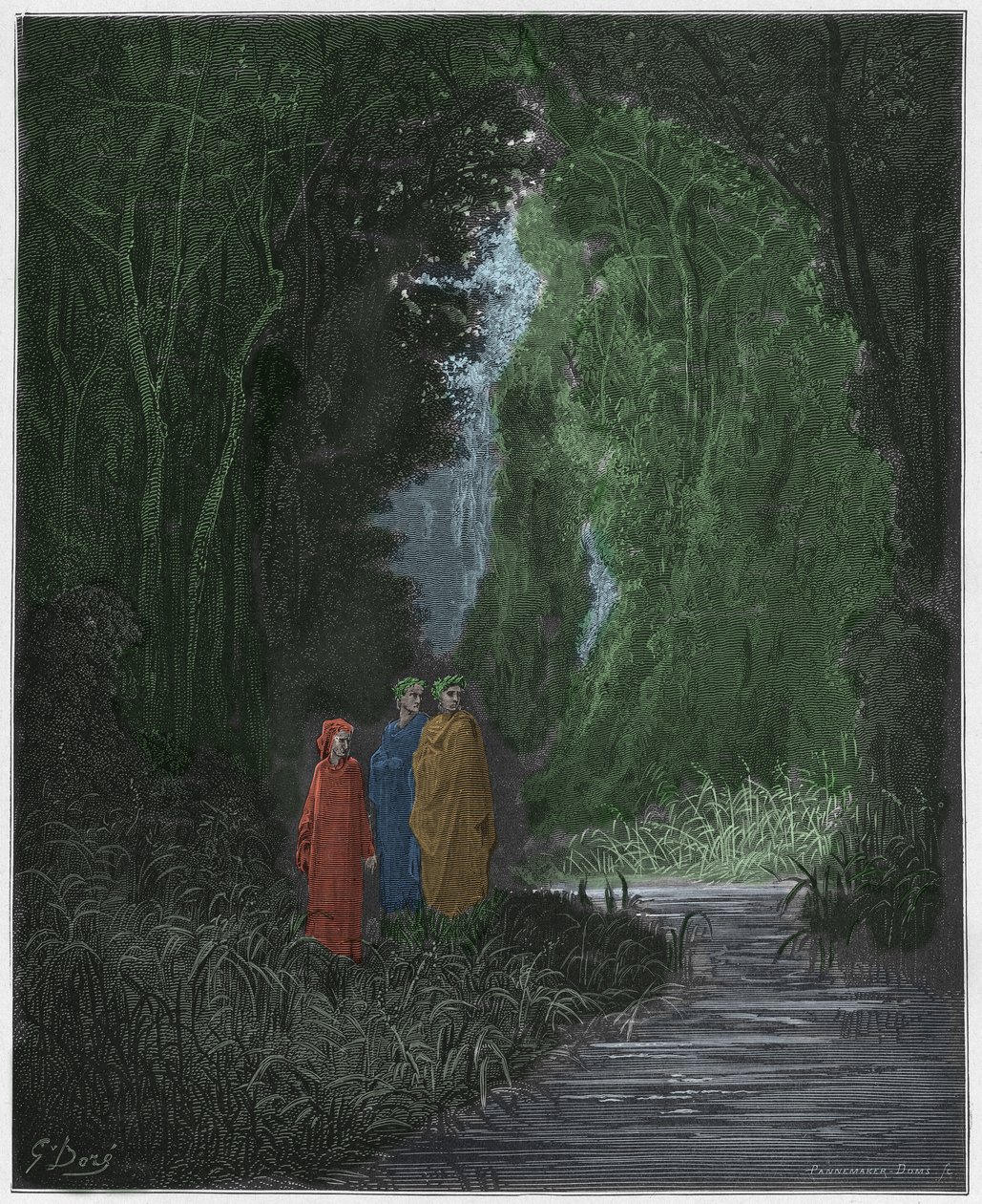 Purgatorio, Gesang 28: Dante, Virgil und Statius im alten Wald des irdischen Paradieses, Illustration aus Die Göttliche Komödie von Dante Alighieri, 1885 (digital kolorierte Gravur) von Gustave after Dore