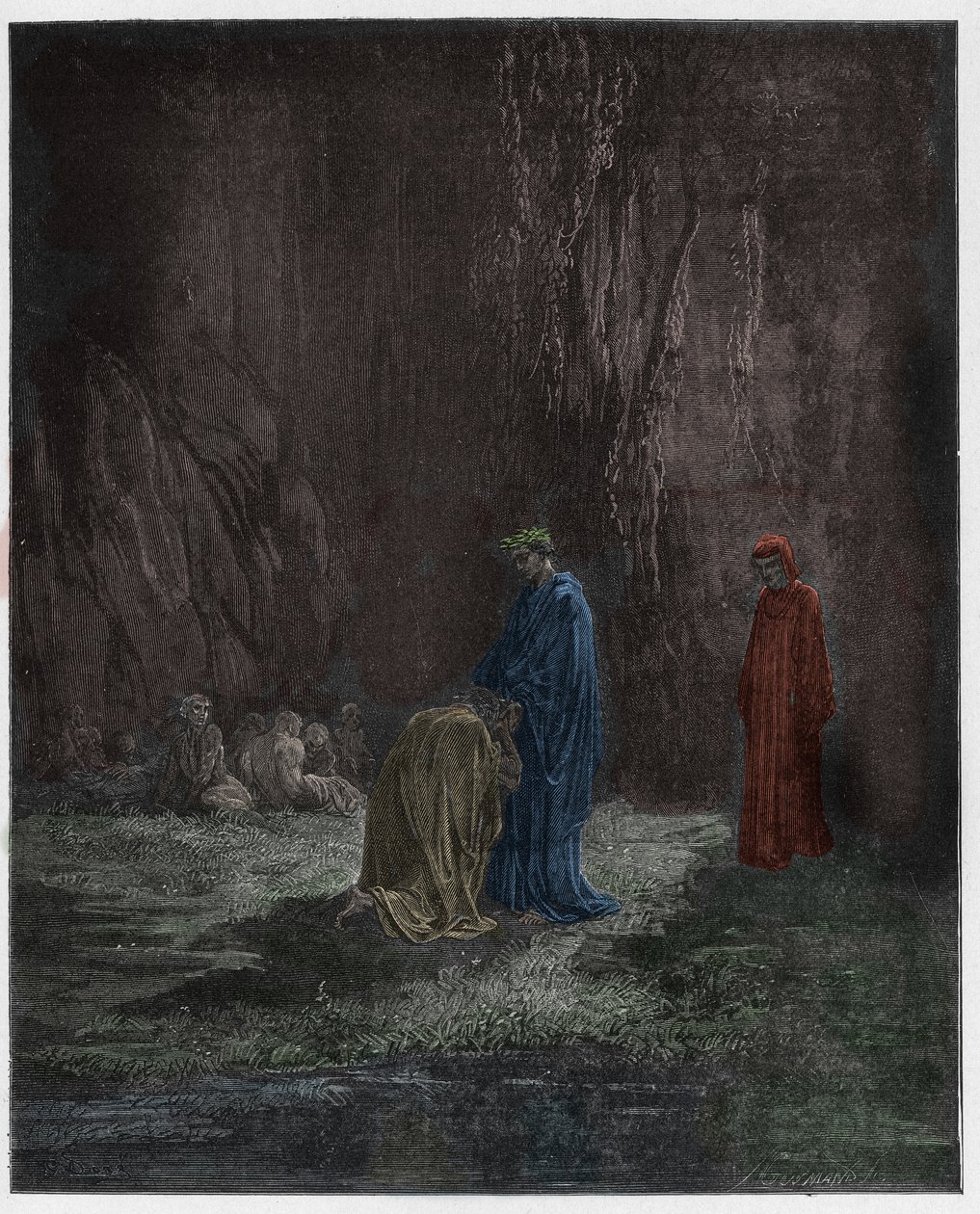 Purgatorio, Gesang 7: Der Dichter Sordello kniet erstaunt vor Vergil (Illustration aus Die Göttliche Komödie von Dante Alighieri, 1885) von Gustave after Dore