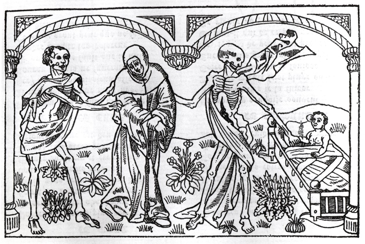 Der Tod nimmt den Bettler und das Kind, aus der Danse Macabre, veröffentlicht in Paris, 1485 von Guy Marchant
