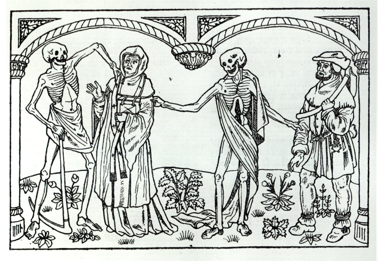Der Tod holt den Priester und den Bauern, aus der Danse Macabre, veröffentlicht in Paris, 1485 von Guy Marchant