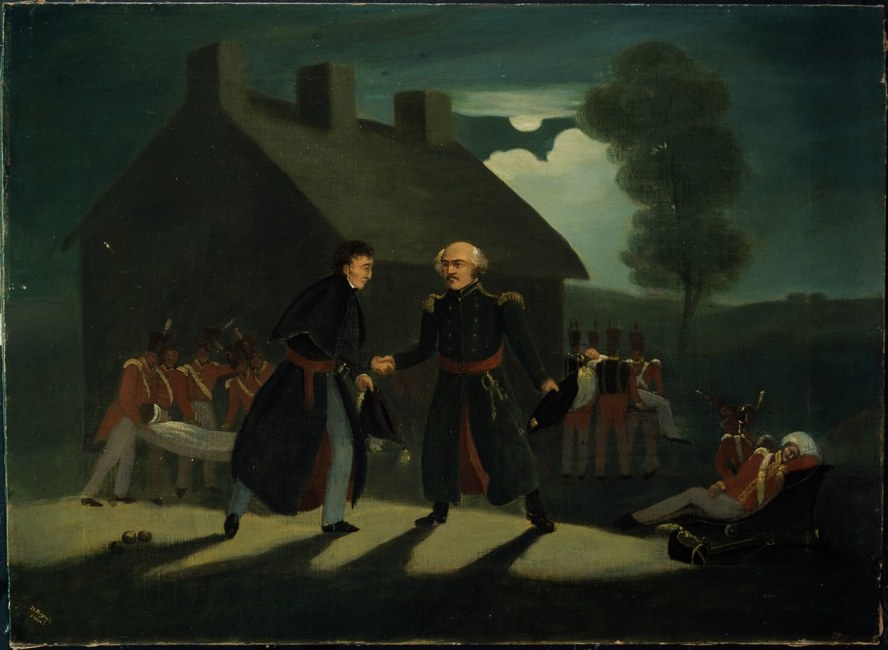 Das Treffen von Wellington (1769-1852) und Blücher (1742-1819) bei La Belle Alliance nach der Schlacht von Waterloo, ca. 1820 von H. Baynes