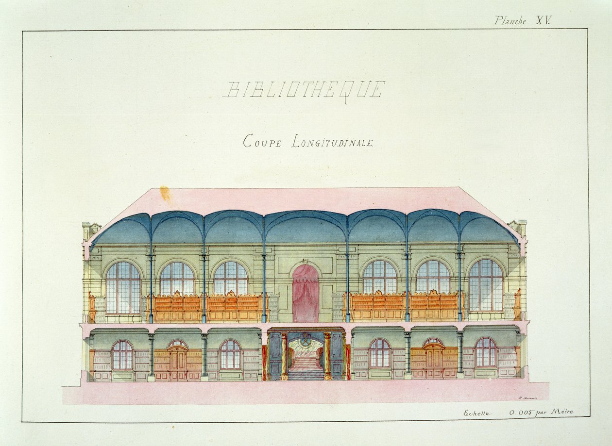 Querschnitt einer Bibliothek, Tafel XV aus einem Folioband von Entwürfen, ca. 1870 von H. Monnot