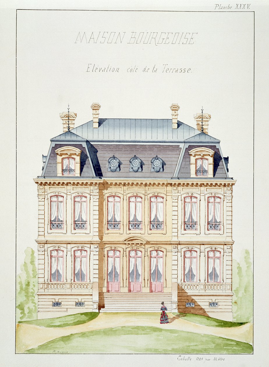 Terrassenansicht eines Hauses für das Bürgertum, Platte XXXV, aus einem Folioband von Entwürfen, ca. 1870 von H. Monnot