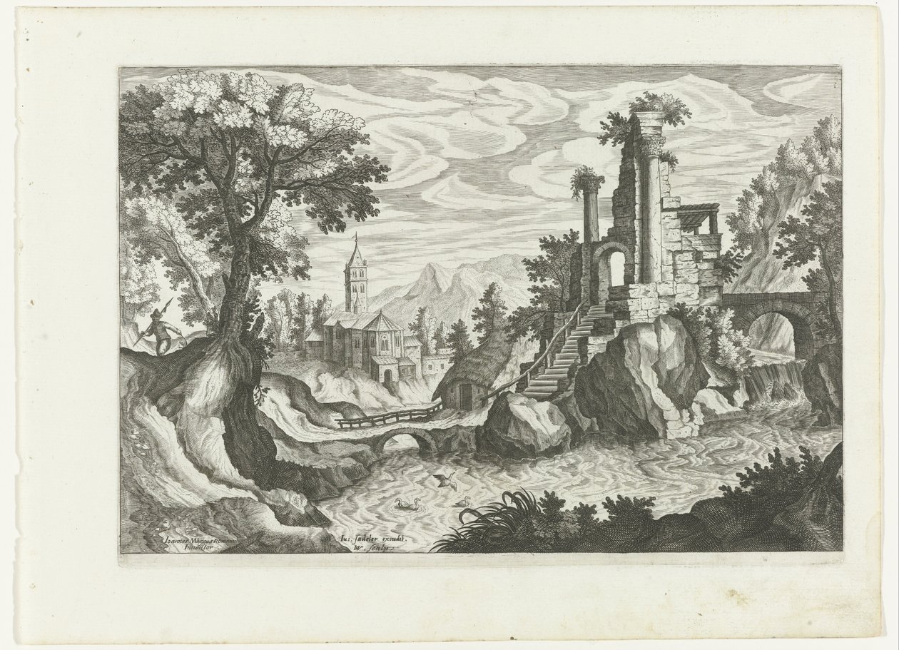 Landschaft mit einem Fluss und Ruine von H. van Schuppen