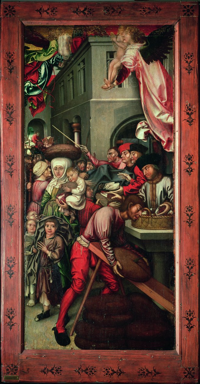 Bugnon-Altar: rechte Tafel, die Nächstenliebe darstellend, um 1507 von Hans Fries