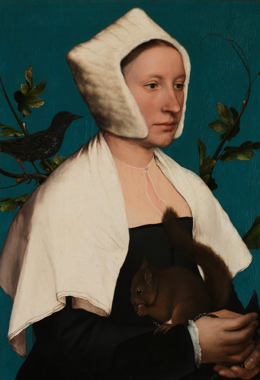 Porträt einer Dame mit einem Eichhörnchen und einem Star, wahrscheinlich Anne Lovell von Hans Holbein