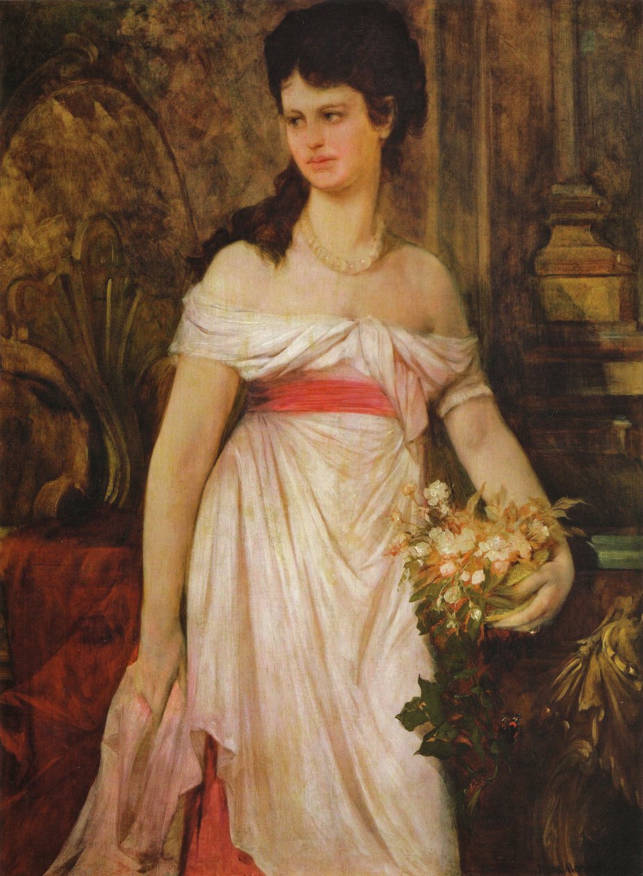 Bildnis einer stehenden Dame in weißem Kleid von Hans Makart