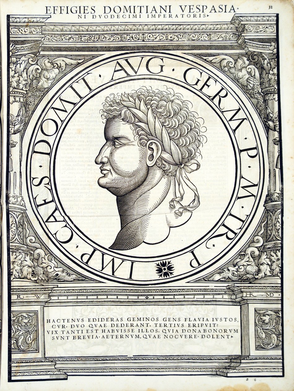 Domitianus, Illustration aus Imperatorum romanorum omnium orientalium et occidentalium verissimae imagines ex antiquis numismatis, 1559 von Hans Rudolf Manuel Deutsch