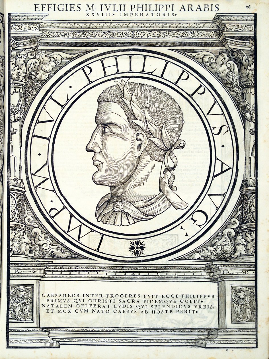 Iulius Philippus, Illustration aus Imperatorum romanorum omnium orientalium et occidentalium verissimae imagines ex antiquis numismatis von Hans Rudolf Manuel Deutsch