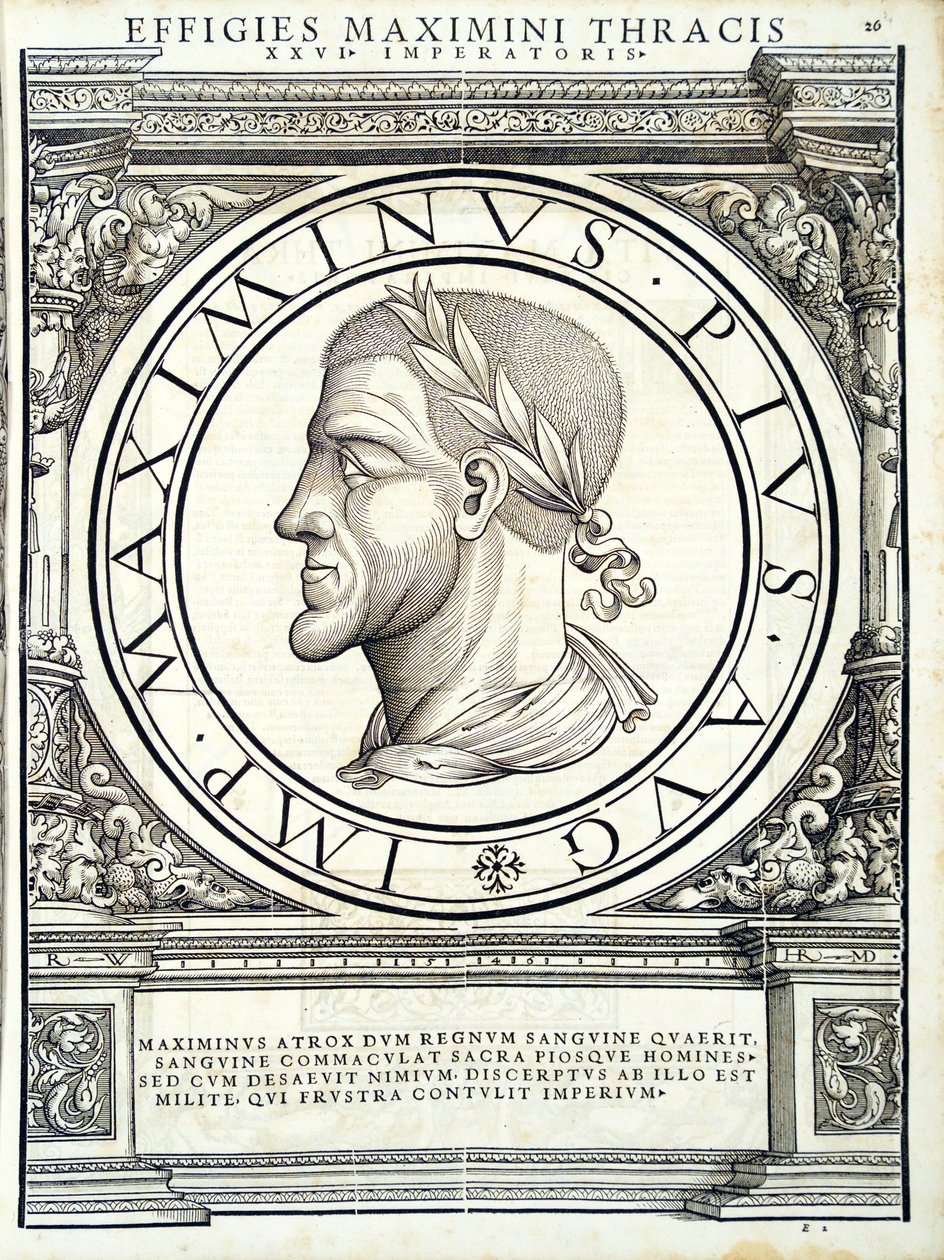 Maximus Thrax, Illustration aus Imperatorum romanorum omnium orientalium et occidentalium verissimae imagines ex antiquis numismatis von Hans Rudolf Manuel Deutsch