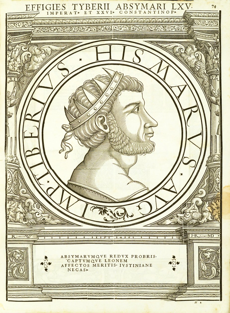 Tiberius Absymarus, Illustration aus Imperatorum romanorum omnium orientalium et occidentalium verissimae imagines ex antiquis numismatis, Holzschnitt von Rudolph Wyssenbach, gedruckt von Andreas Gesner, Zürich von Hans Rudolf Manuel Deutsch