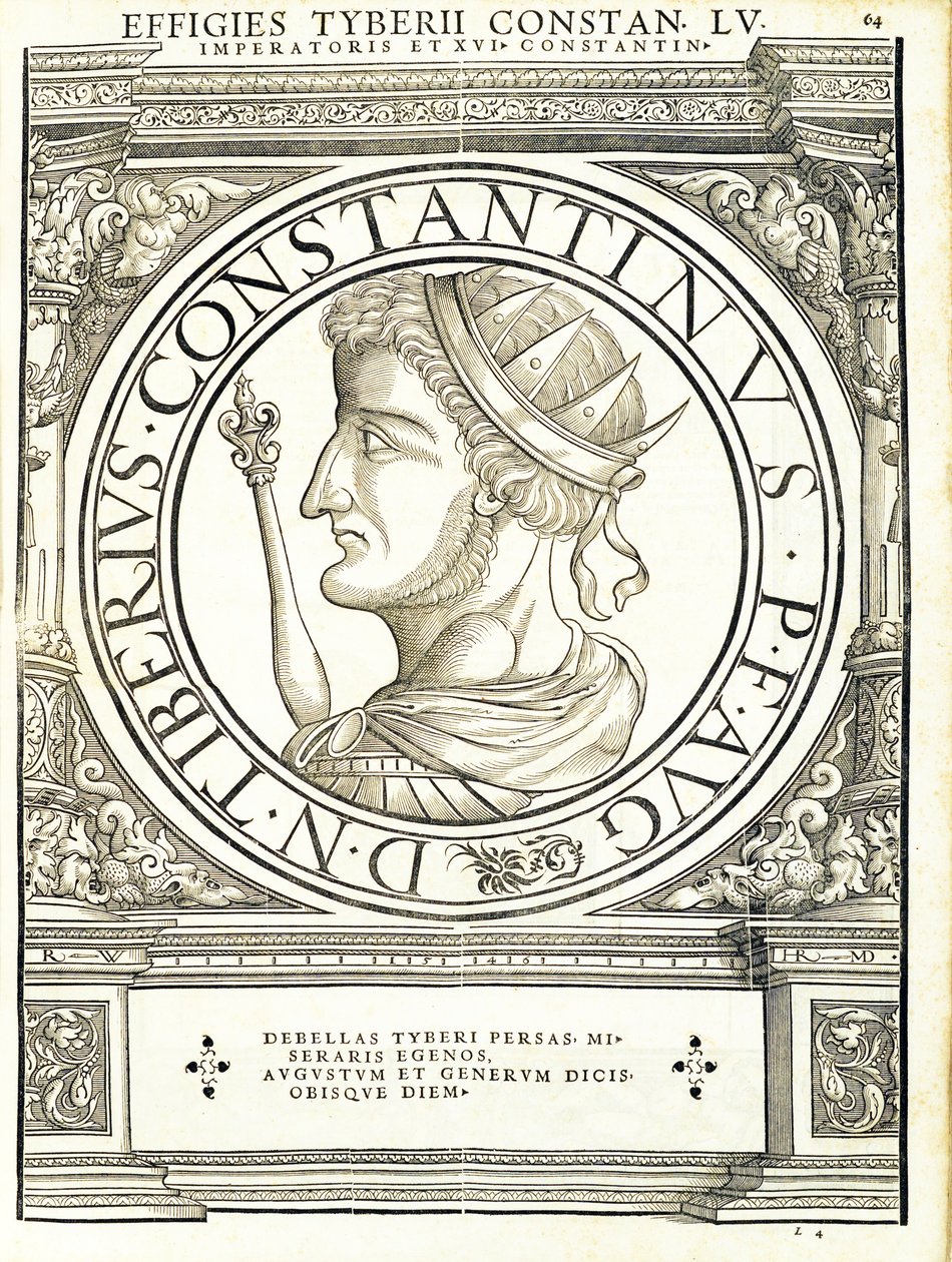 Tyberius Constantinus, Illustration aus Imperatorum romanorum omnium orientalium et occidentalium verissimae imagines ex antiquis numismatis, Holzschnitt von Rudolph Wyssenbach, gedruckt von Andreas Gesner von Hans Rudolf Manuel Deutsch