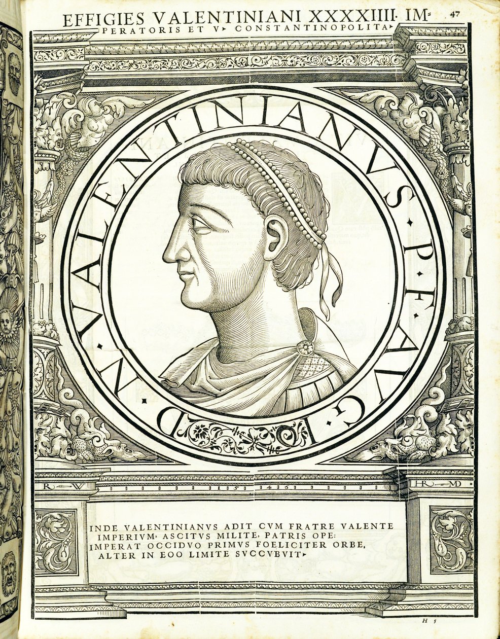 Valentinianus, Illustration aus Imperatorum romanorum omnium orientalium et occidentalium verissimae imagines ex antiquis numismatis von Hans Rudolf Manuel Deutsch