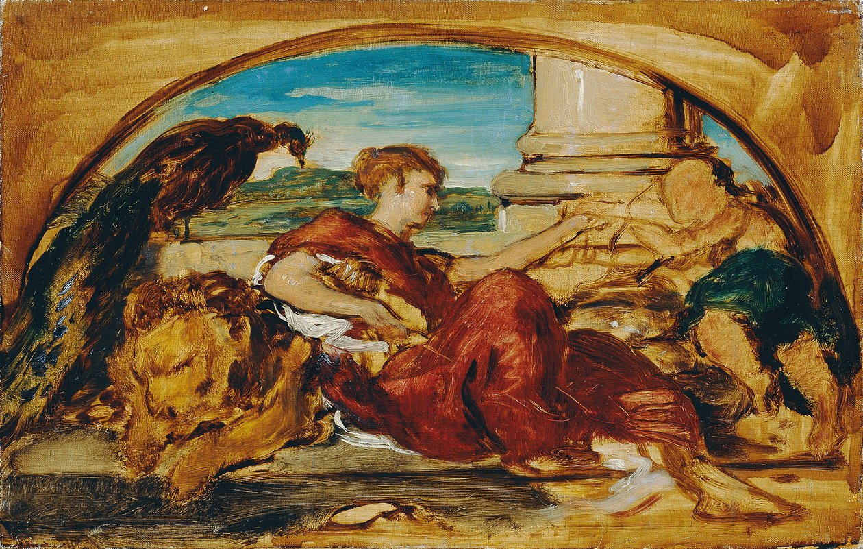 Allegorische Figur mit Löwe und Pfau von Hans Canon