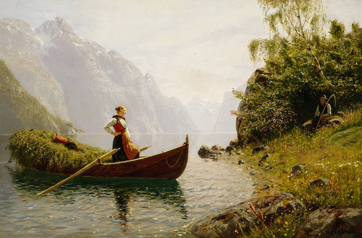 Frau und Mann in Fjordlandschaft von Hans Dahl