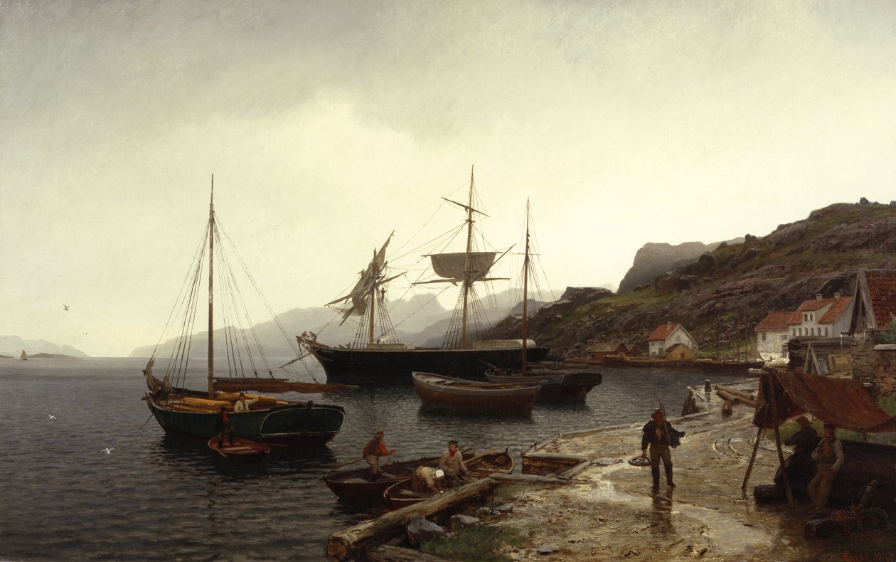 Fischkutter im Hafen, Kleven, Mandal von Hans Gude