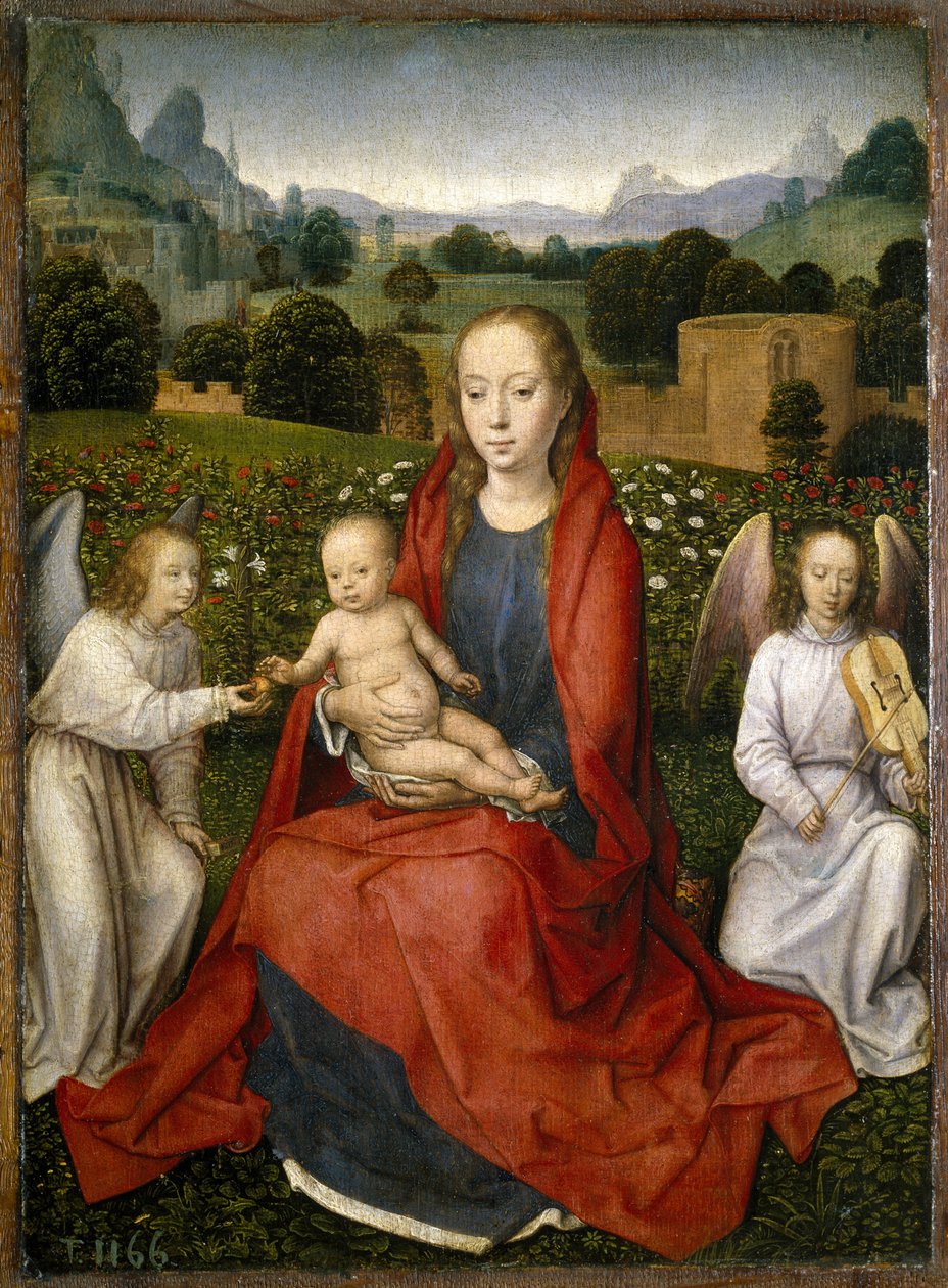 Jungfrau und Kind und zwei Engel, 1480-1490 von Hans Memling