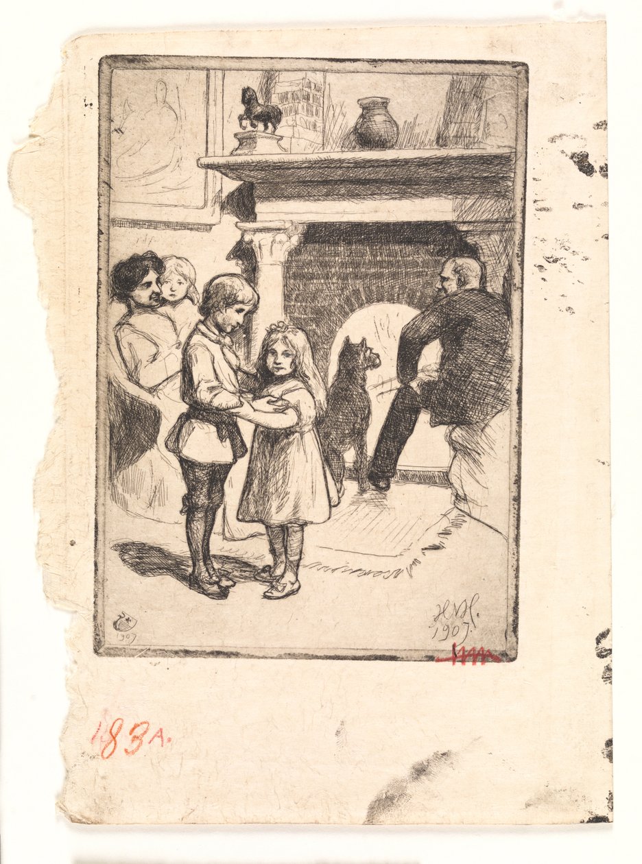 Neujahrskarte (Familie am Kamin) von Hans Nikolaj Hansen