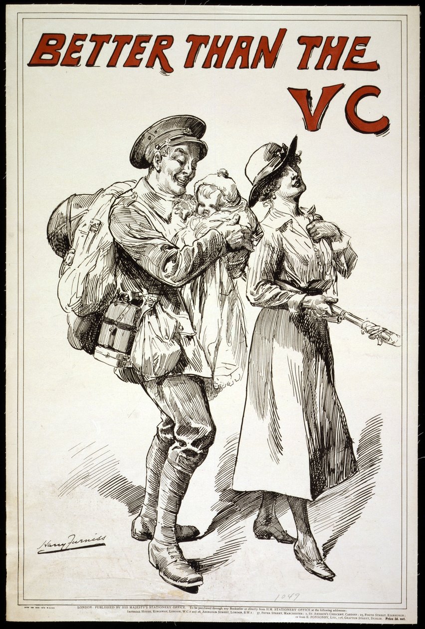 Besser als das VC (Victoria Cross) - Poster zeigt einen Soldaten, der ein Baby hält, während er seiner Frau folgt, 1918 von Harry Furniss