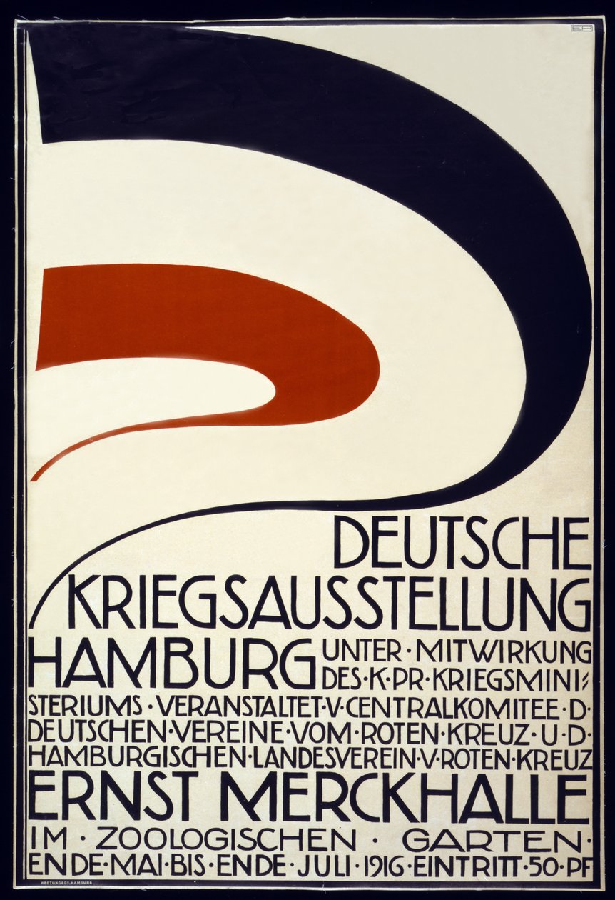 Plakat zur Werbung für eine Kriegsausstellung, gesponsert vom Roten Kreuz, Deutsche Kriegsausstellung, Hamburg Mai - Juli 1916 von Hartung and Co.