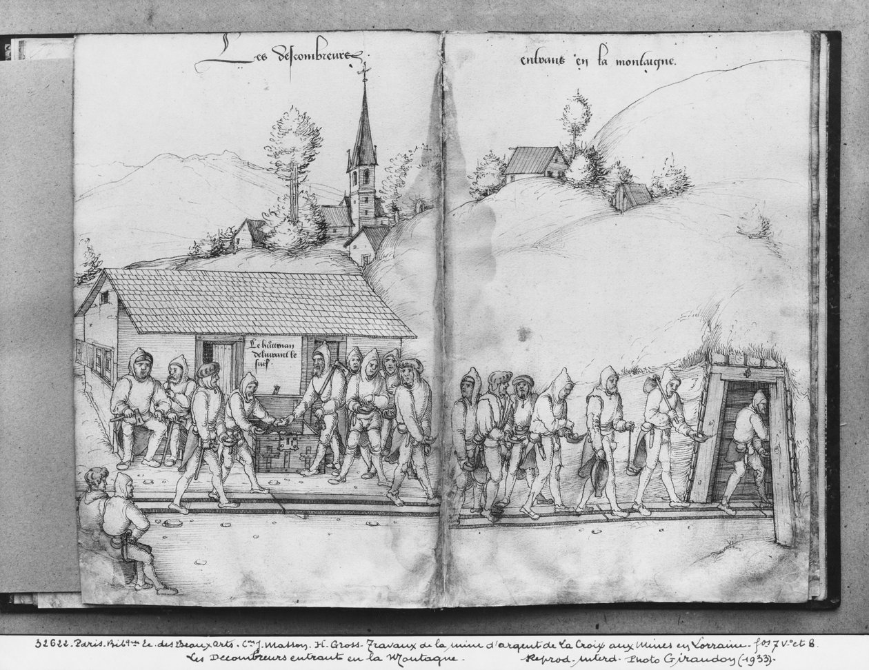 Silbermine von La Croix-aux-Mines, Lothringen, fol.7v und fol.8r, Sammler betreten die Mine, ca. 1530 von Heinrich Gross or Groff