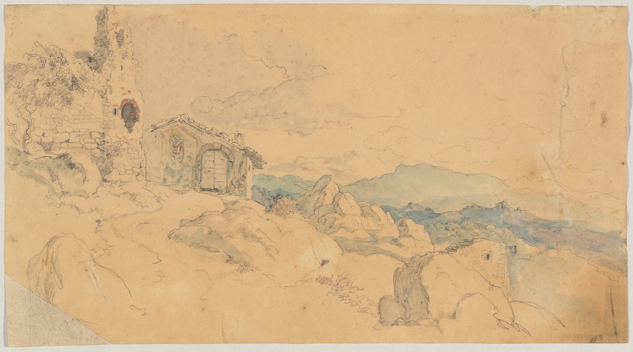 Gebirgslandschaft mit Hütte und Ruine von Heinrich Burkel