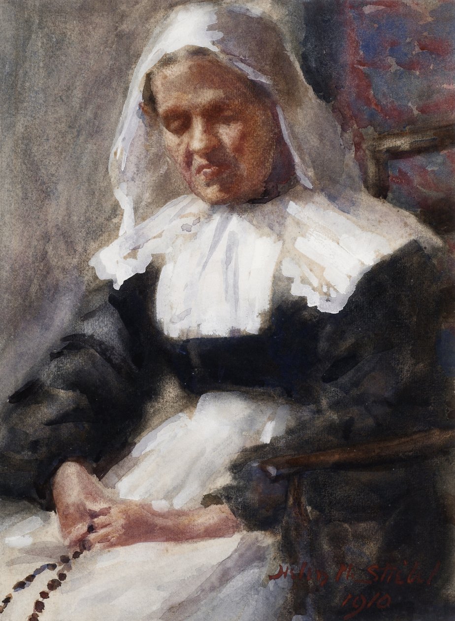 Nonne, die ihren Rosenkranz betet, 1910 von Helen M. Stiebel