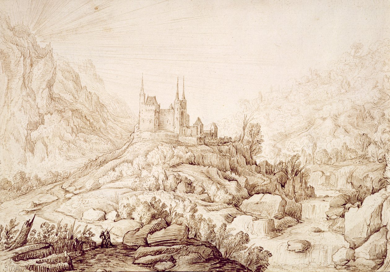 Gebirgige Landschaft mit einer Burg, ca. 1589 von Hendrick Cornelisz. Vroom